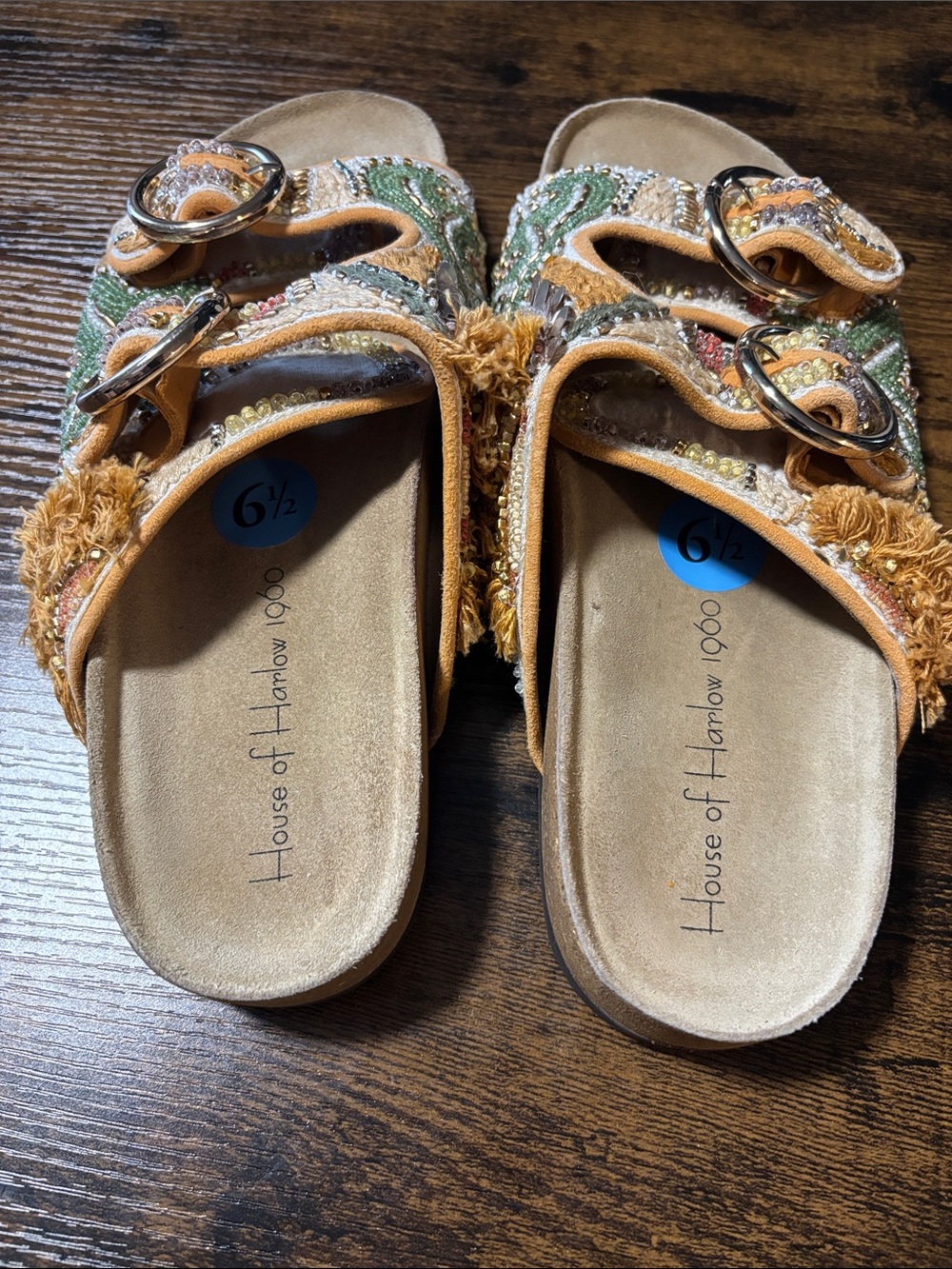House of Harlow 1960 Embroidered Slide Sandals in Mustard & Green - Picture 3 of 9